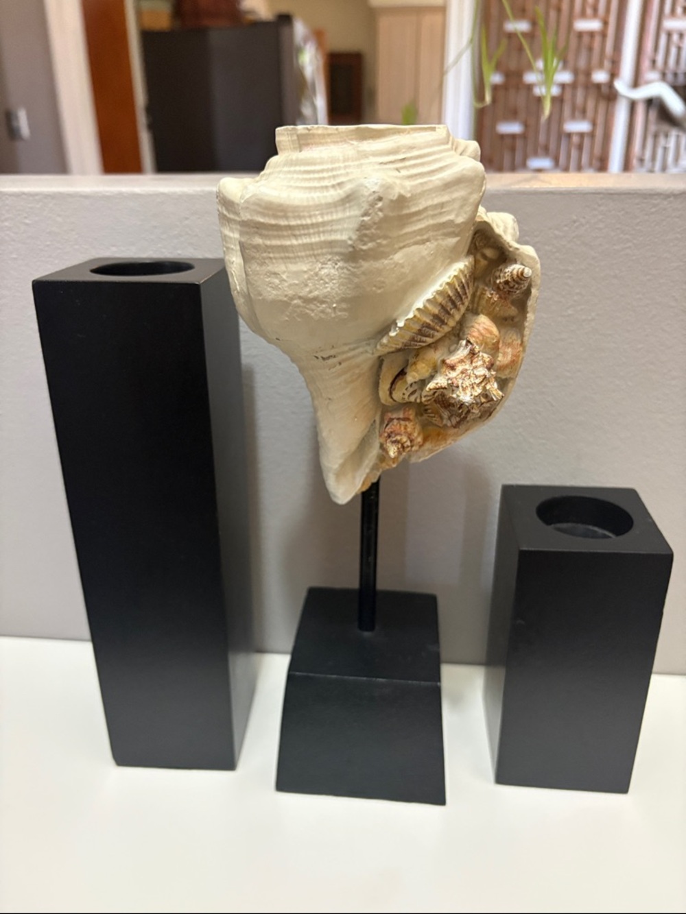 3 Candle Holders Conch Shell and Black Wooden Blocks